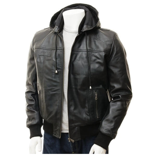 Men’s Black Leather Bomber Jacket with Hoodie