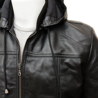 Men’s Black Leather Bomber Jacket with Hoodie