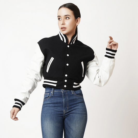 Two-tone Leather Varsity Jacket For Women