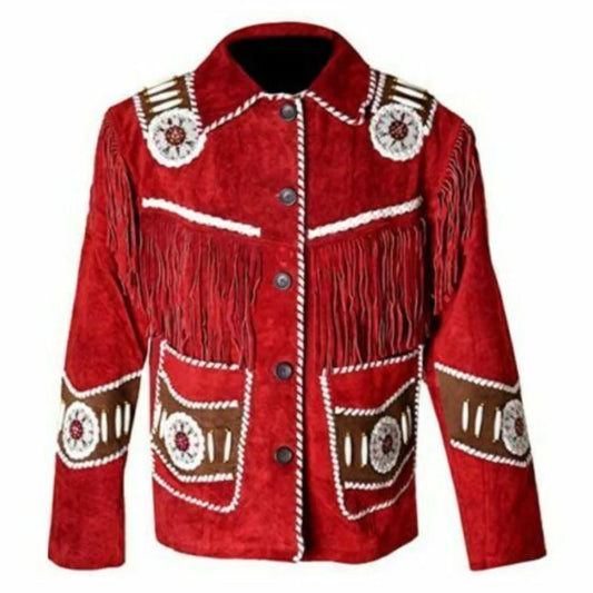Men Red Western Cowboy Beaded Style Suede Leather Jacket With Fringe