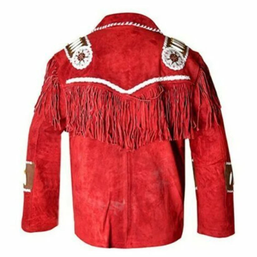 Men Red Western Cowboy Beaded Style Suede Leather Jacket With Fringe