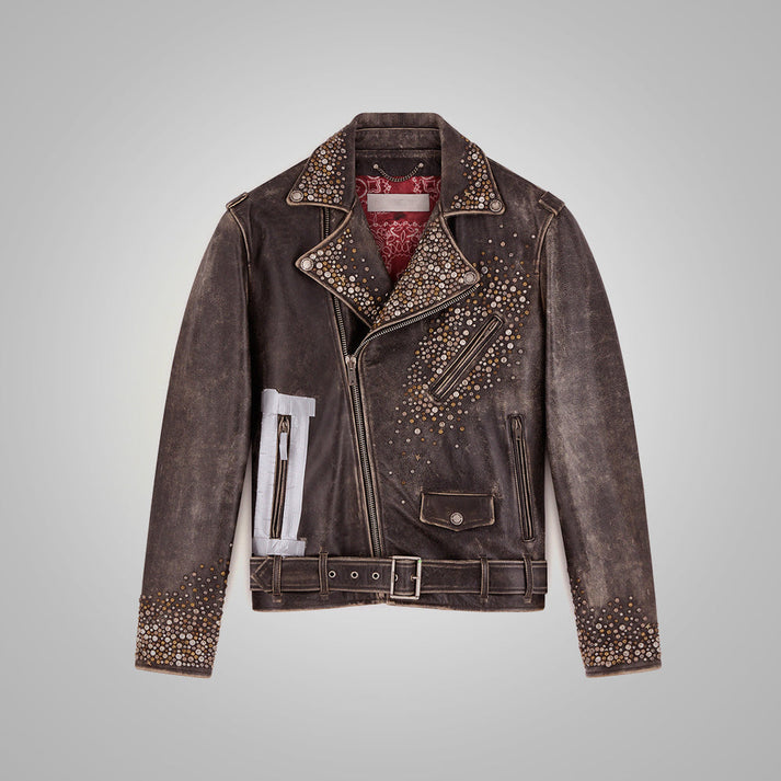 Studded Distressed Leather Jacket Men