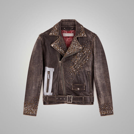 Studded Distressed Leather Jacket Men