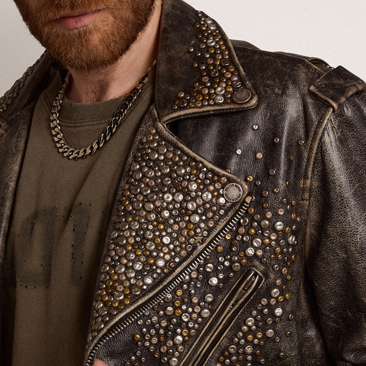 Studded Distressed Leather Jacket Men