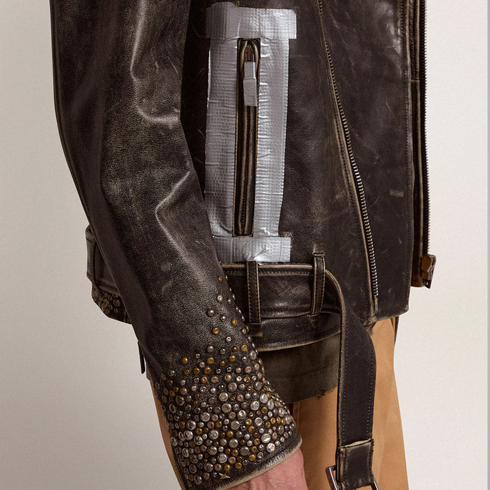 Studded Distressed Leather Jacket Men