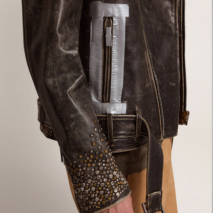Studded Distressed Leather Jacket Men