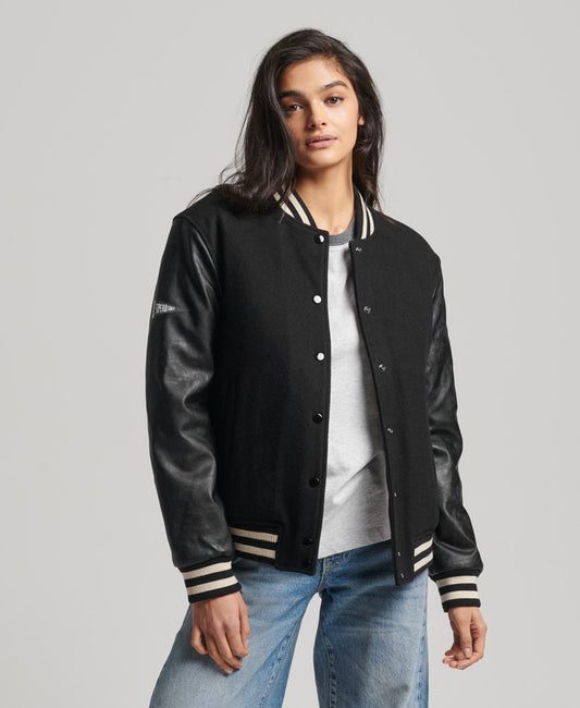 Black Varsity Leather Jacket For Women