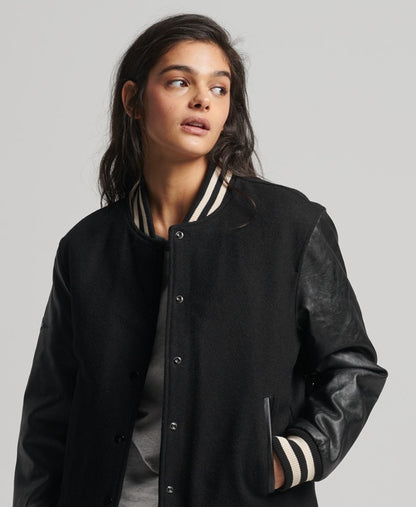 Black Varsity Leather Jacket For Women