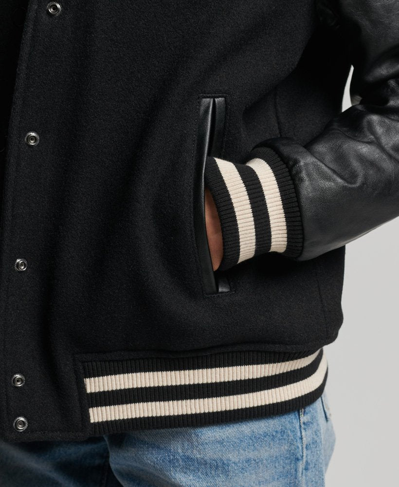 Black Varsity Leather Jacket For Women
