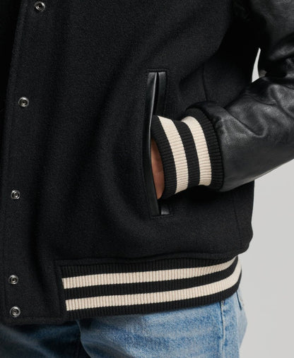 Black Varsity Leather Jacket For Women
