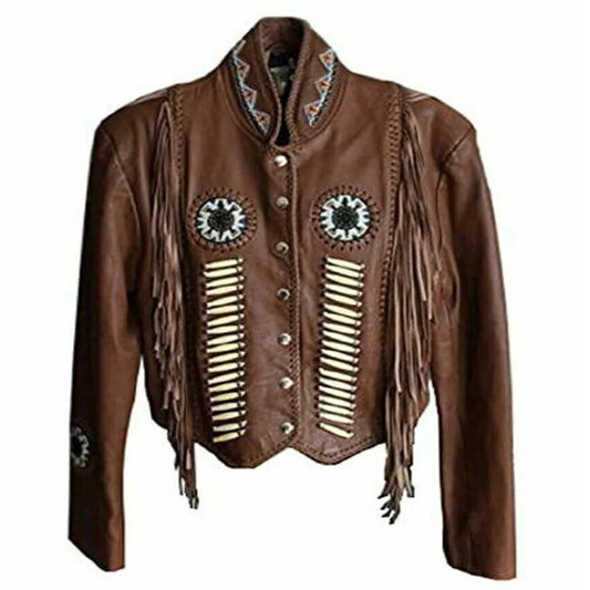 Men's Western Cowboy Dark Brown Leather Hunter Style With Fringe Jacket