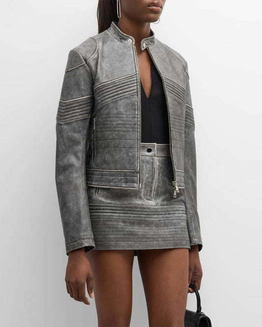 Vintage Gray Leather Jacket Women
