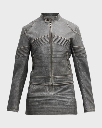 Vintage Gray Leather Jacket Women