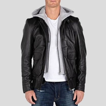 Men’s Black Leather Jacket with Removable Hood