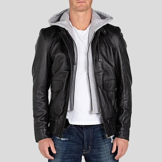 Men’s Black Leather Jacket with Removable Hood