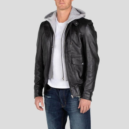 Men’s Black Leather Jacket with Removable Hood