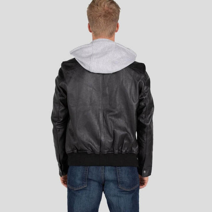 Men’s Black Leather Jacket with Removable Hood