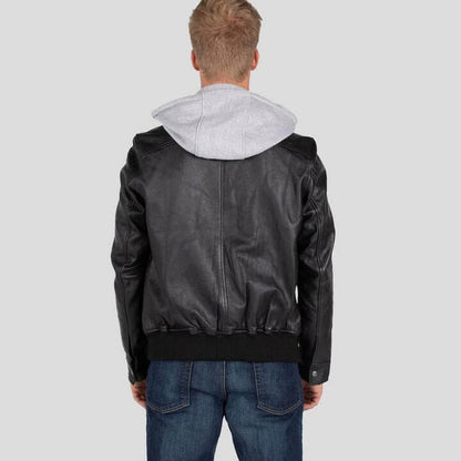 Men’s Black Leather Jacket with Removable Hood