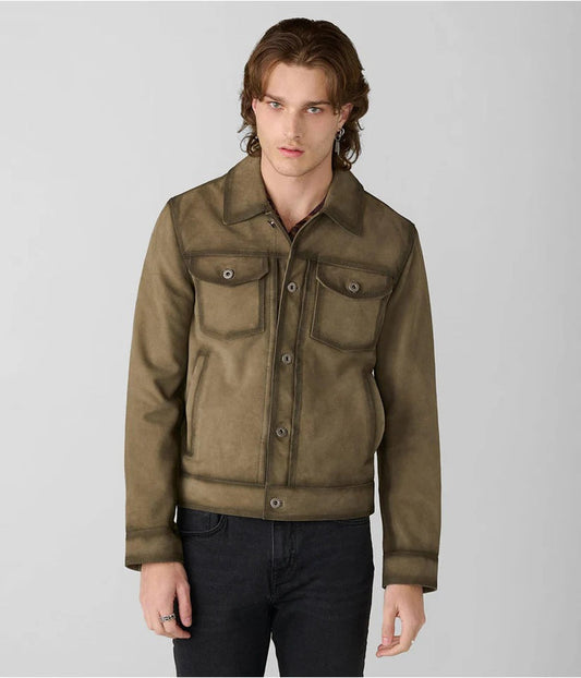 Olive Green Suede Trucker Jacket
