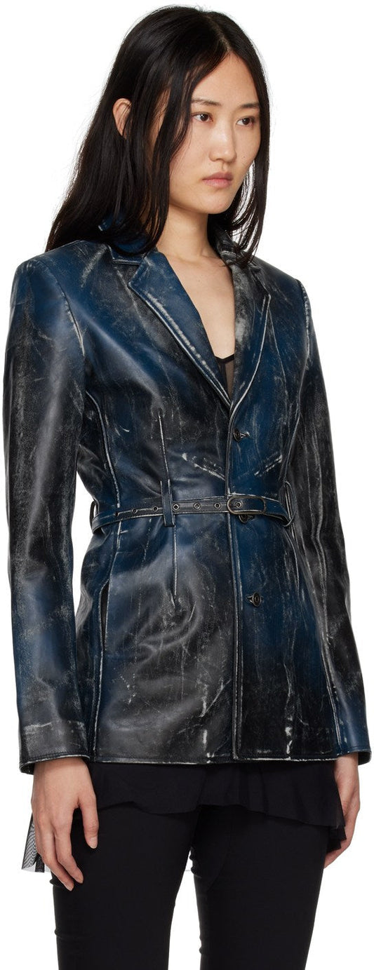 Vintage Blue Leather Jacket For Women