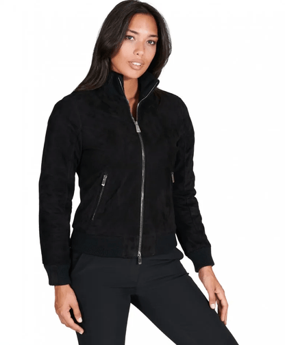 Black Suede Leather Bomber Jacket