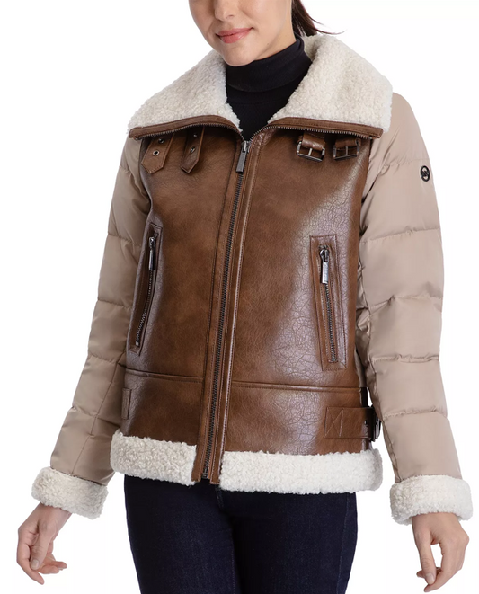 Women’s Leather Puffer Jacket with Shearling