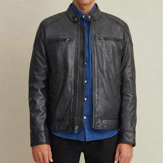 Leather Biker Jacket with Shoulder Patches