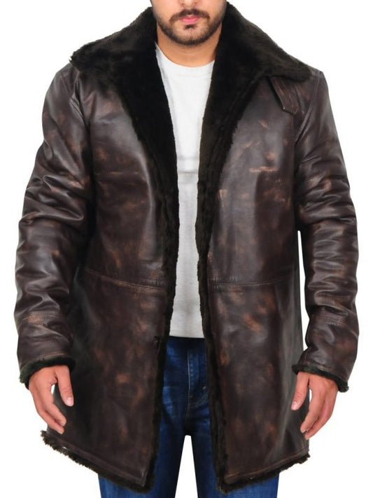 Distressed Leather Jacket with Fur Collar