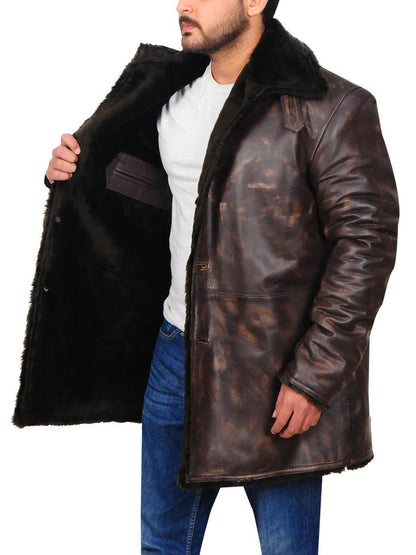 Distressed Leather Jacket with Fur Collar