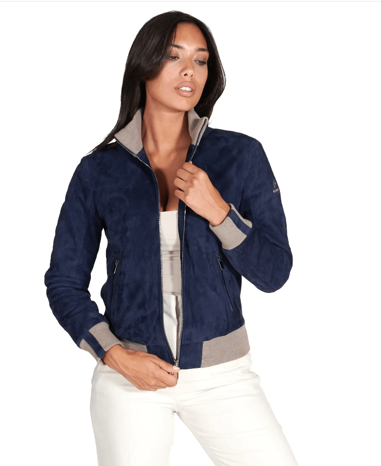Blue Suede Bomber Jacket Women