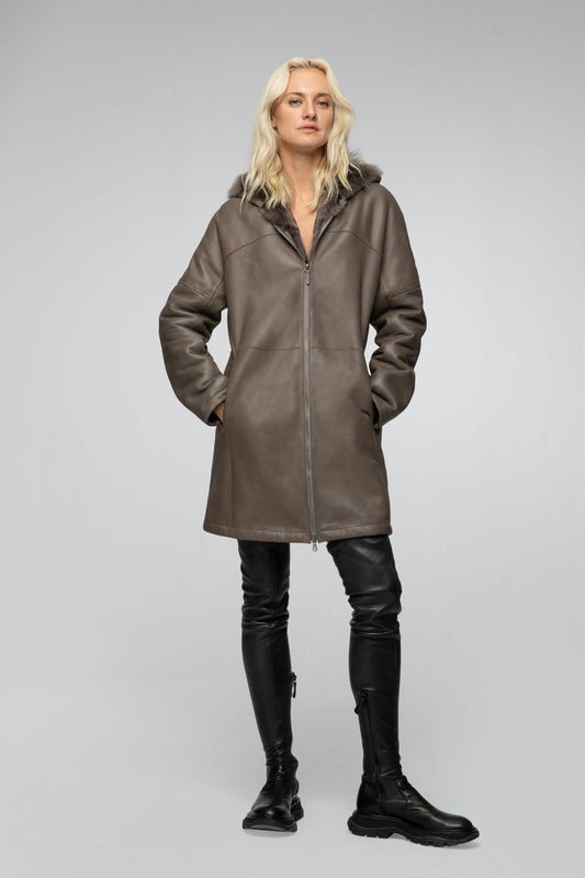 Brown Hooded Shearling Coat For Women