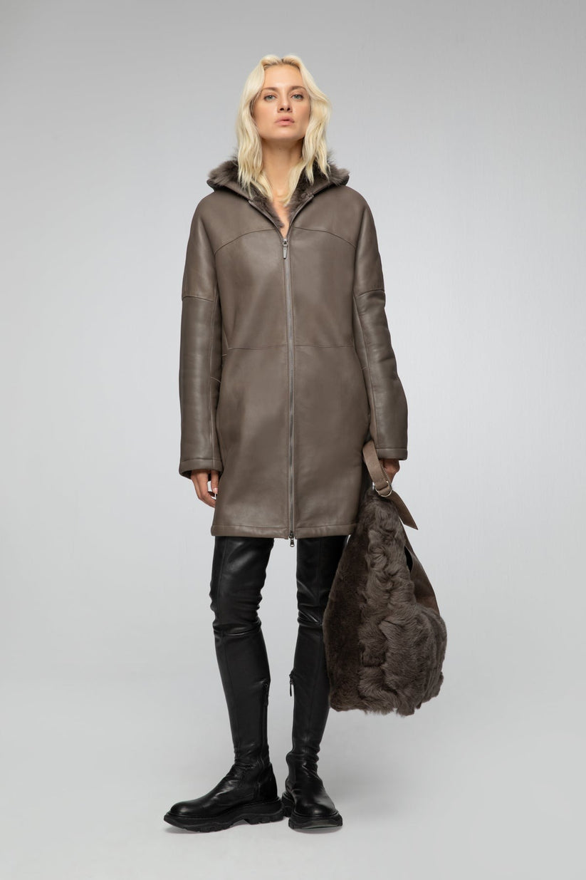 Brown Hooded Shearling Coat For Women