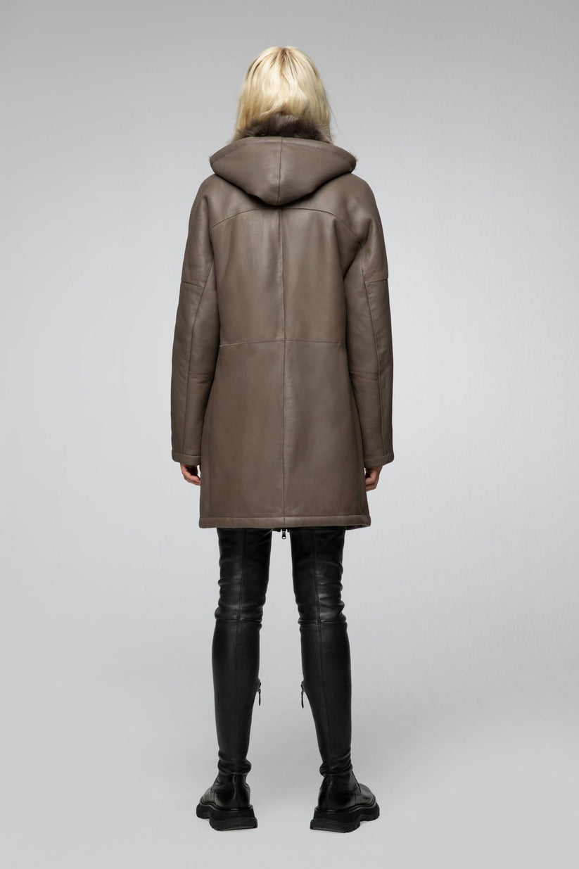 Brown Hooded Shearling Coat For Women