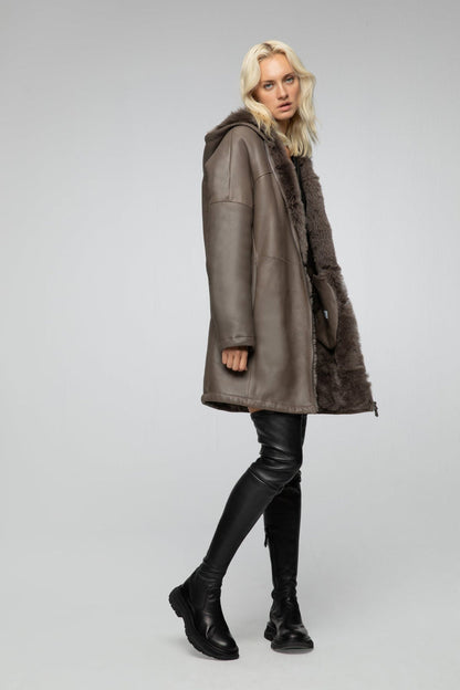 Brown Hooded Shearling Coat For Women