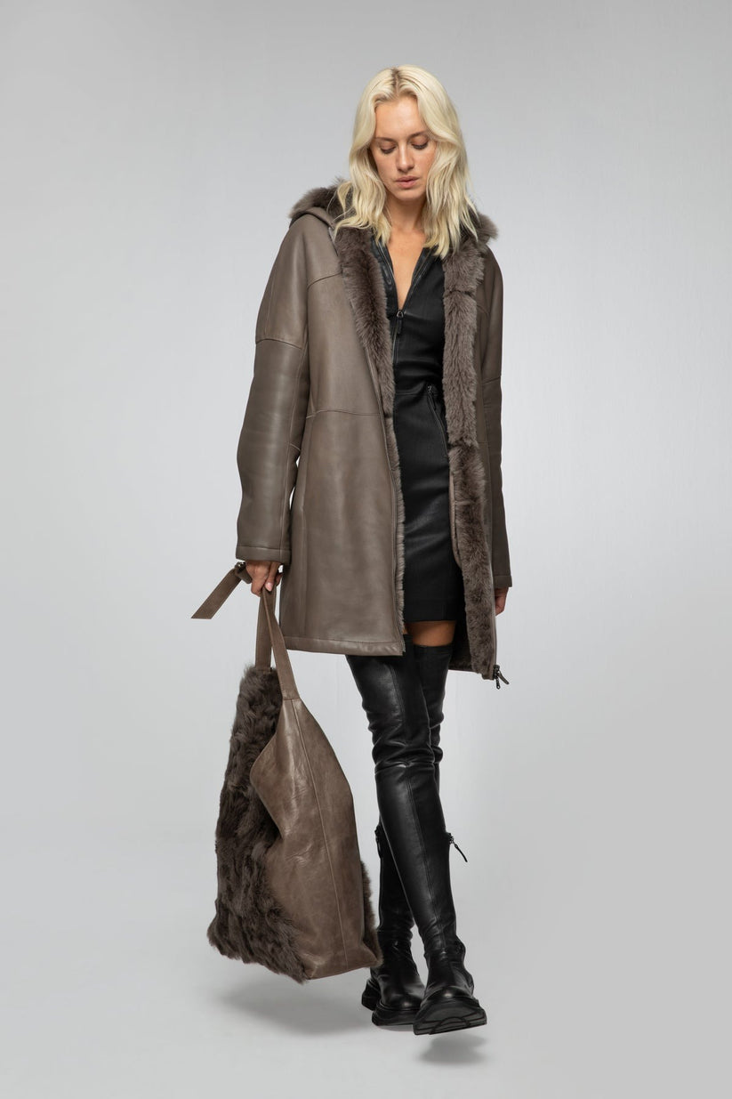 Brown Hooded Shearling Coat For Women