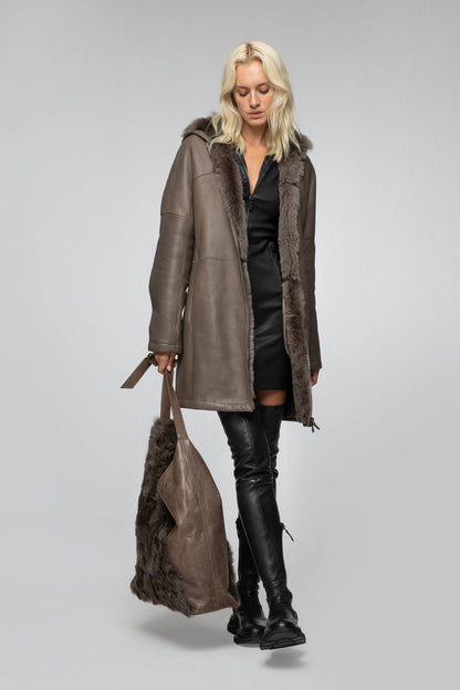 Brown Hooded Shearling Coat For Women