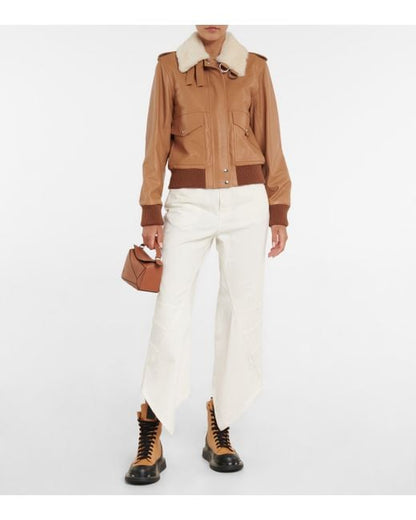 Tan Brown Leather Jacket with Shearling