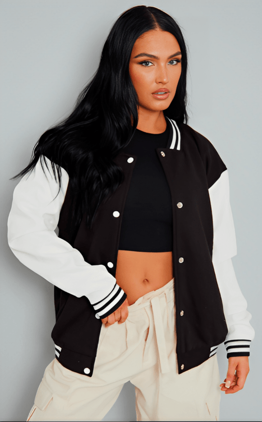 Black Leather Varsity Jacket For Women