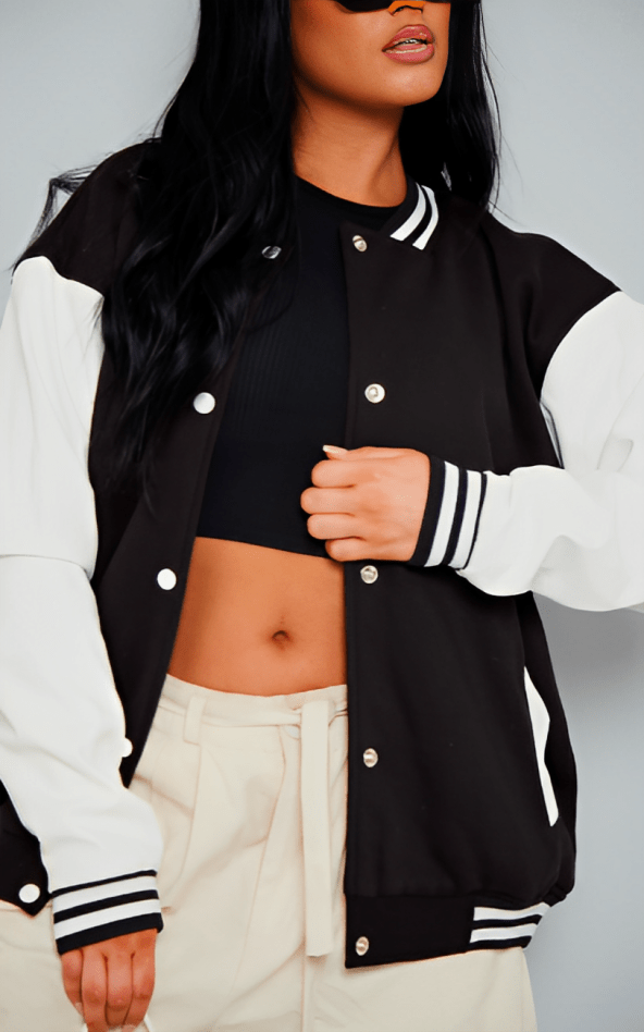 Black Leather Varsity Jacket For Women