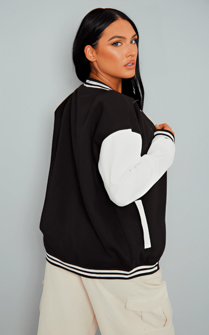 Black Leather Varsity Jacket For Women