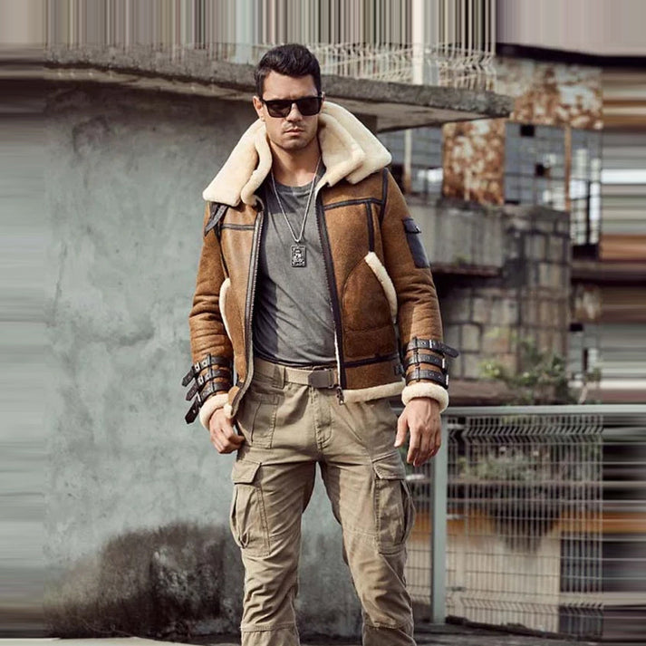 Double Collar Shearling Leather Jacket