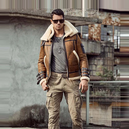 Double Collar Shearling Leather Jacket