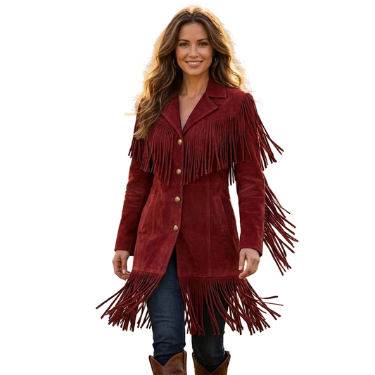 Women's red suede fringe western cowgirl long coat front view