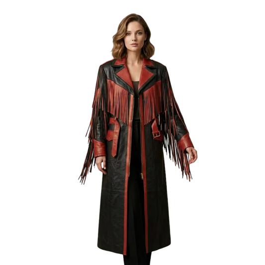 Women's black red fringe leather coat front view western cowboy style