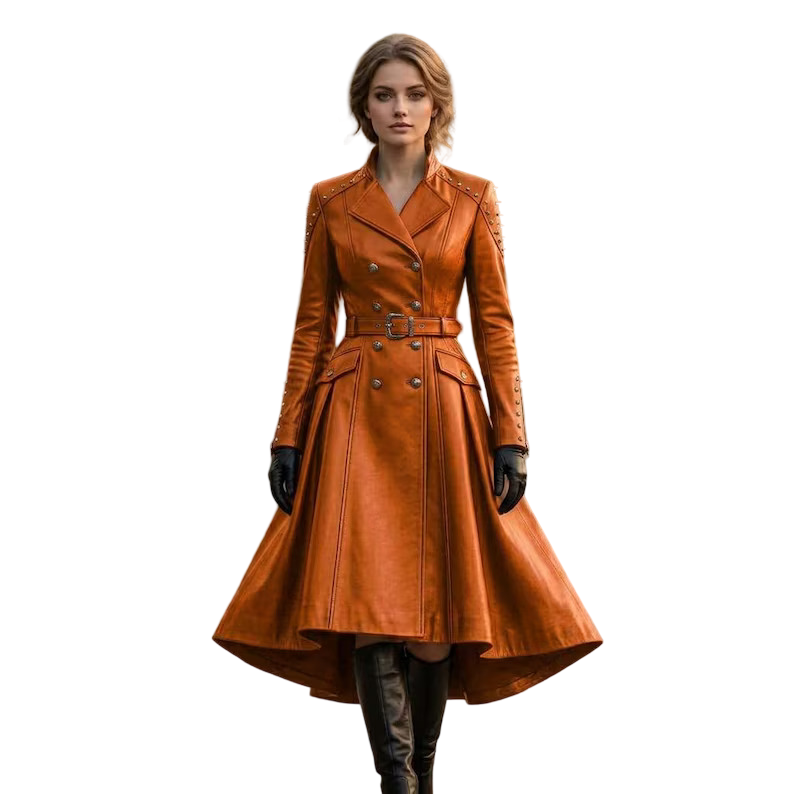 Front view of women's orange leather trench coat with belted waist