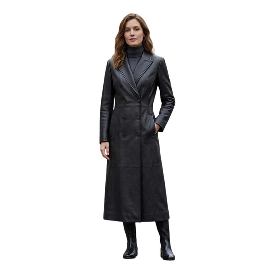Front view of women's black leather trench coat with double breasted design