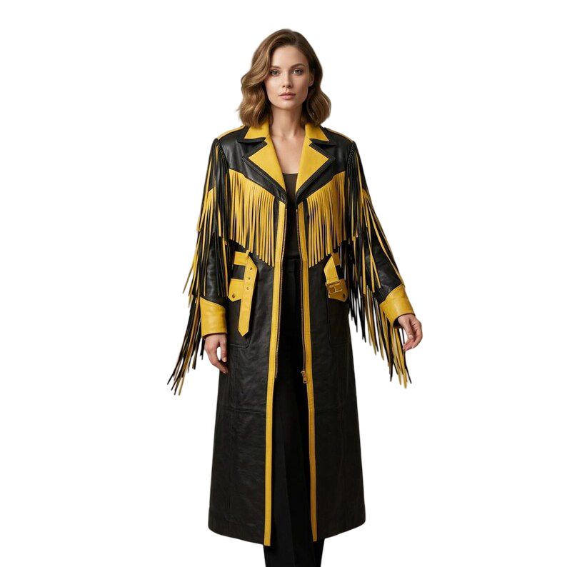 Women's black yellow fringe leather coat front view with western cowboy styling