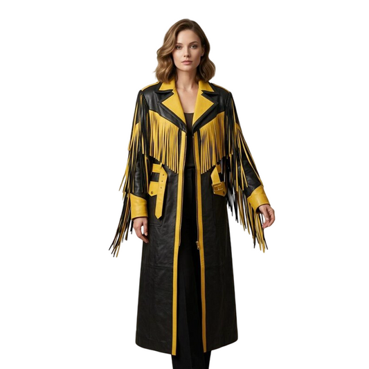 Women's black yellow fringe leather coat front view with western cowboy styling