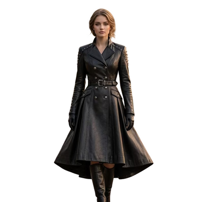 Women's black leather trench coat front view with belted waist