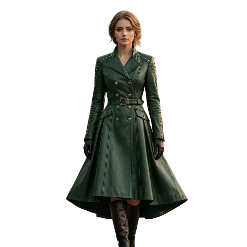 Women's green leather trench coat front view with belted waist